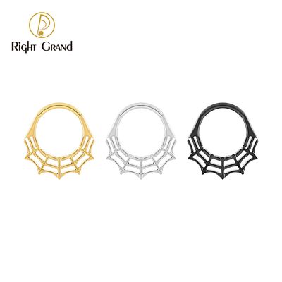 Right Grand Titanium 16G CZ Spider Web Hinged Clicker Segment Hoop Ring Daith Earring Septem Nose Piercing