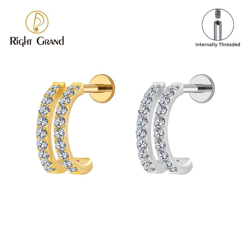 Right Grand Titanium Internal Thread Zircon Double C Labret Ring 16G Flat Back Cartilage Stud Earring Conch Helix Lip Piercing Jewelry