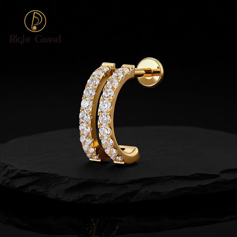 Right Grand Titanium Internal Thread Zircon Double C Labret Ring 16G Flat Back Cartilage Stud Earring Conch Helix Lip Piercing Jewelry