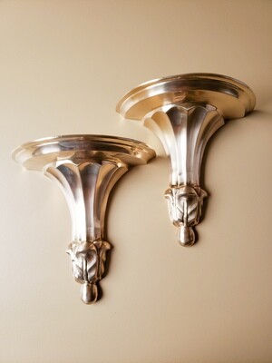 Vintage Set of (2) Solid Brass Solid Wall Sconce Shelves | Scalloped | Ornate Leaves