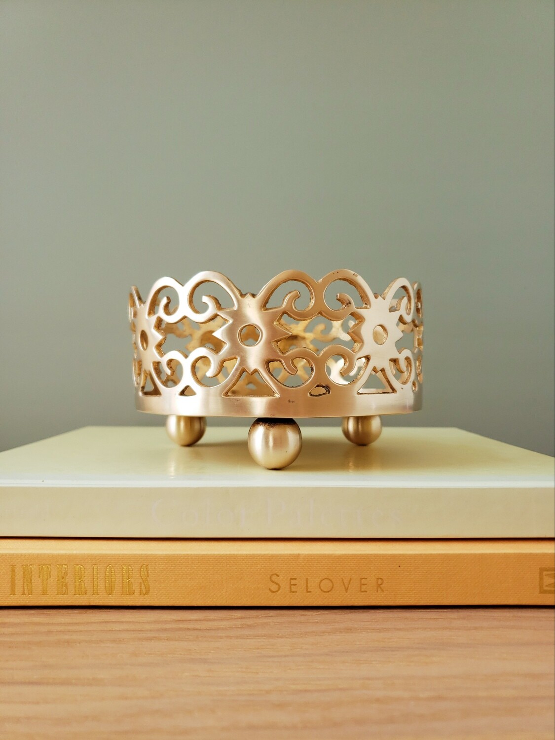 Small Vintage Round Solid Brass Filigree Raised Tray | 5.5" | Candle Holder | Catchall | Boho Luxe