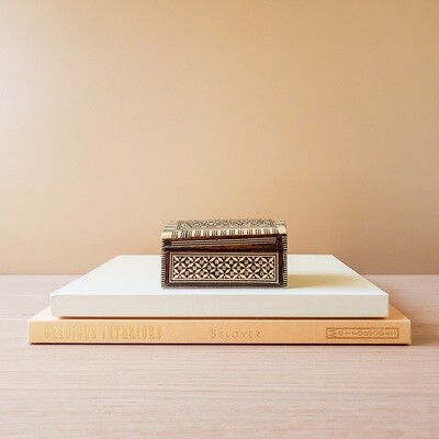 Antique Rectangular Hinged Wooden Box w/ Mother of Pearl Inlay | Lined Red Velvet Interior