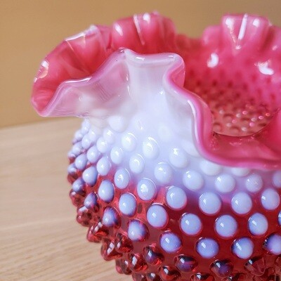 Vintage Fenton Cranberry Opalescent Hobnail Ruffled Edge Bowl | Art Glass | Grandmillennial