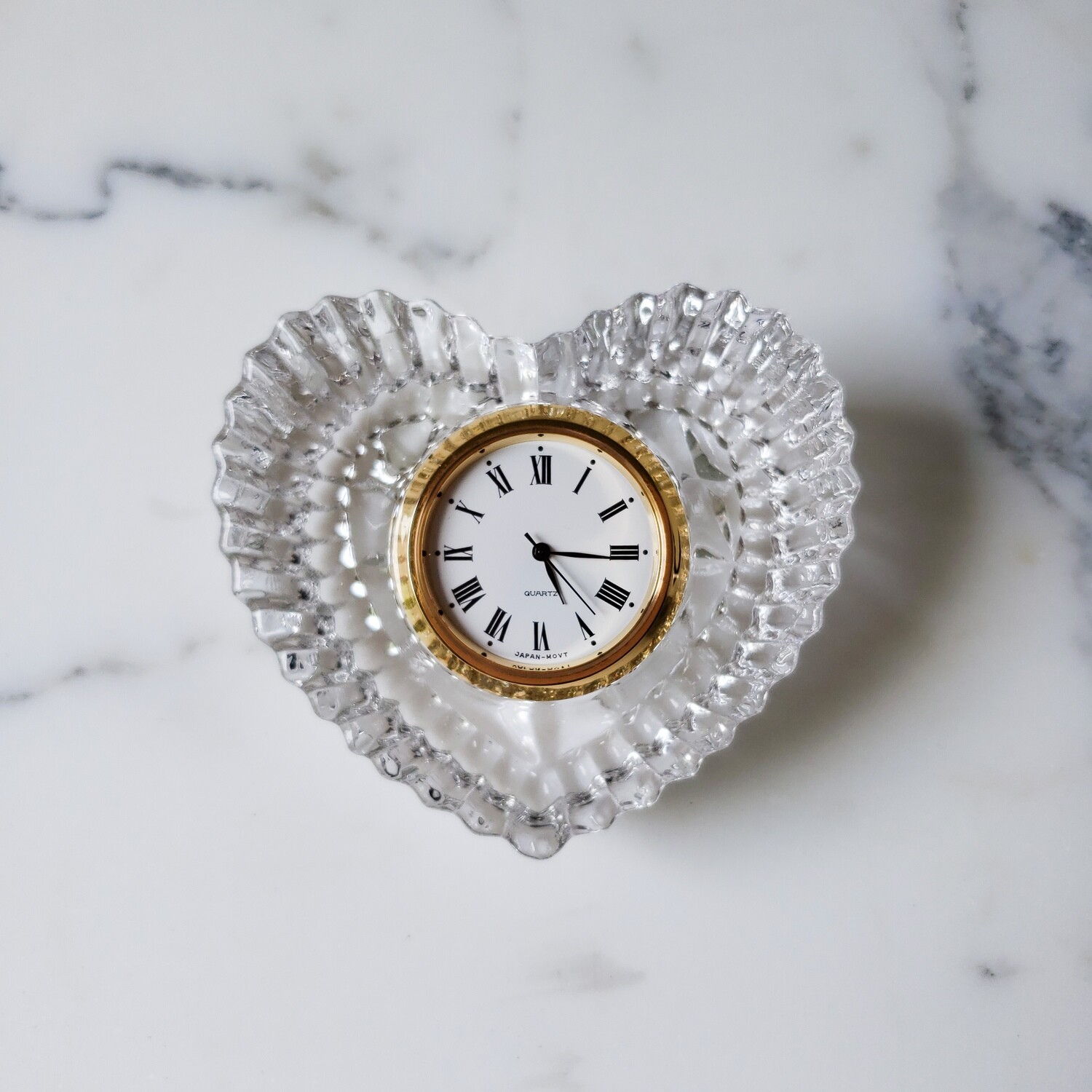Vintage Japan Movement Crystal Heart Quartz Clock | Gold Tone Frame