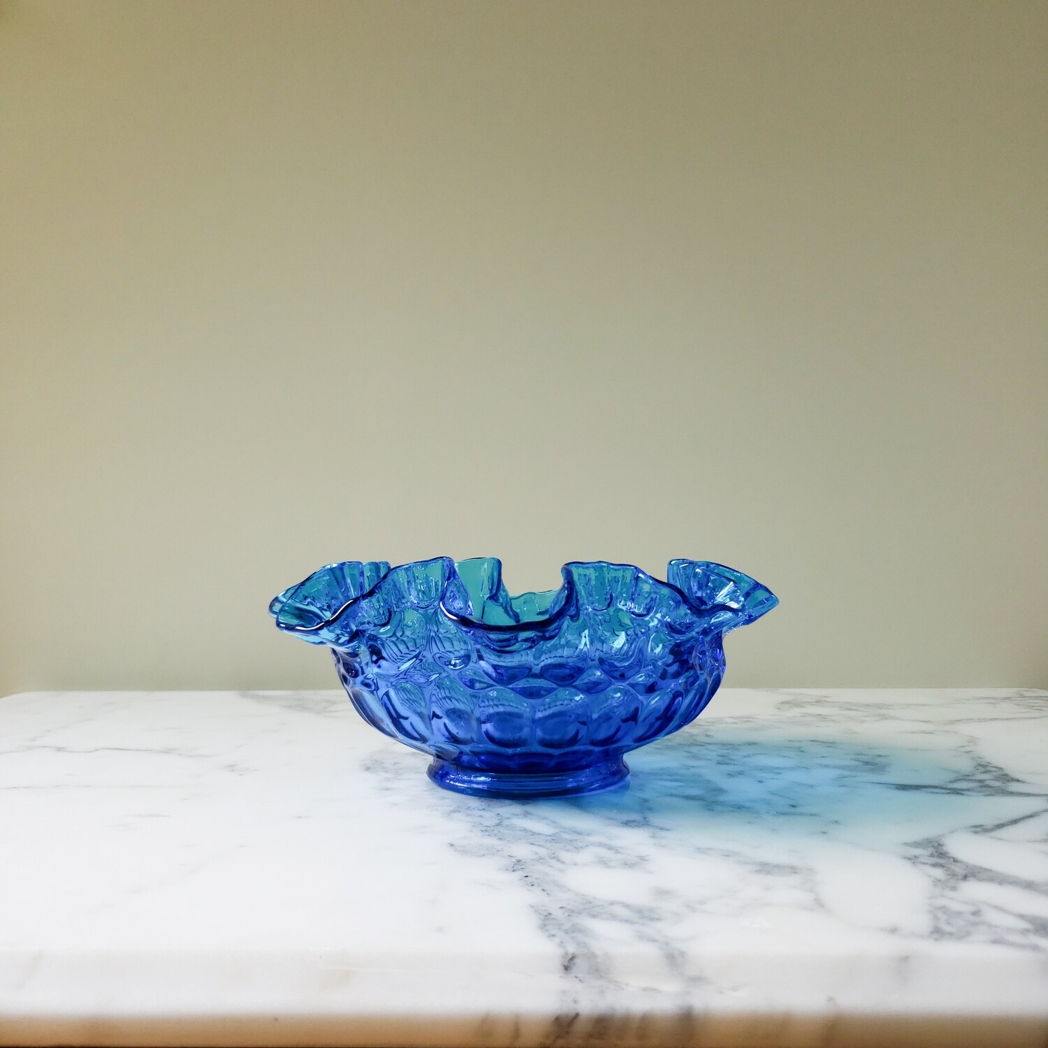 Vintage Fenton Cobalt Blue Thumbprint Ruffled Bowl