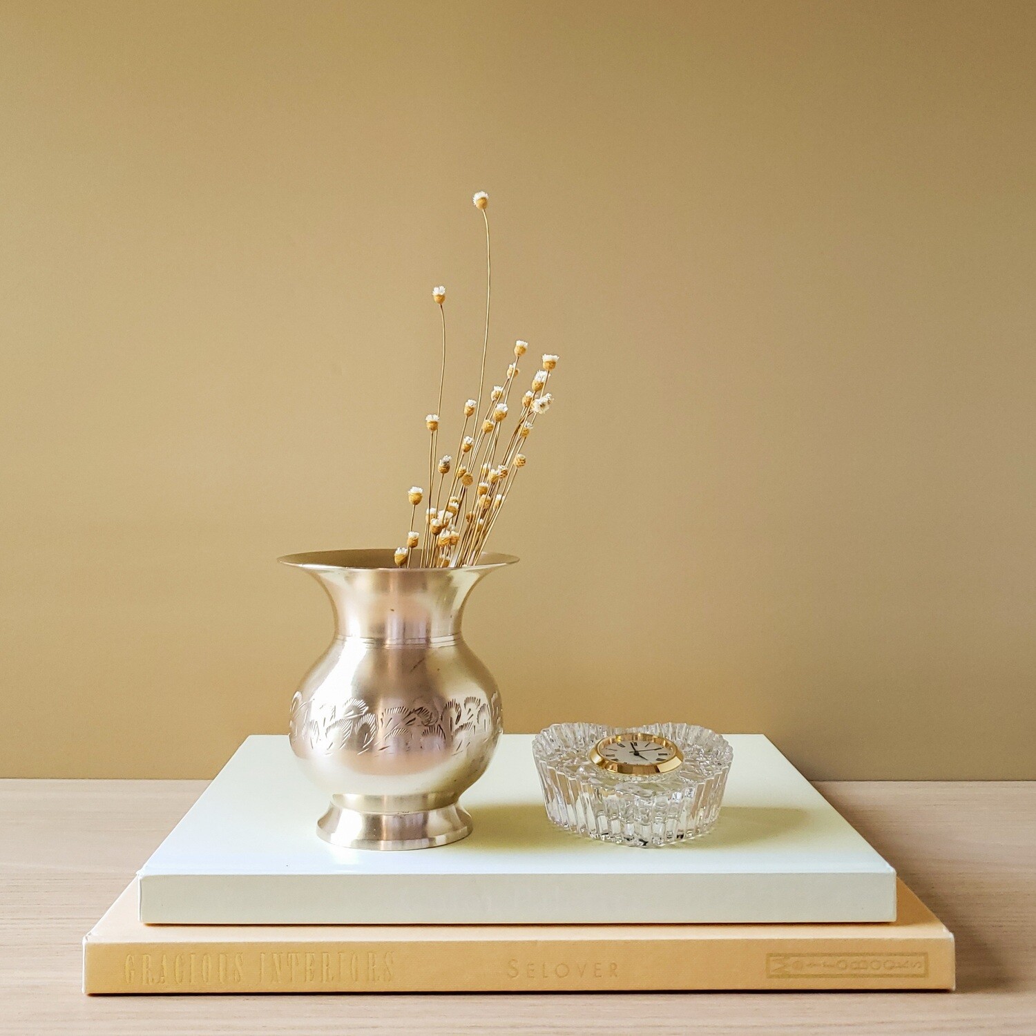 Small Vintage Floral Etched Solid Brass Vase | India