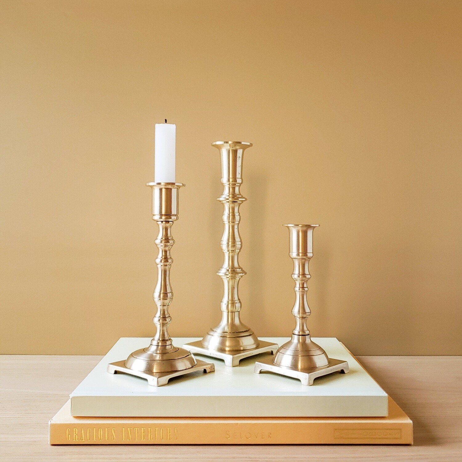 Set of Three (3) Vintage Solid Brass Candlestick Holders | Square Footed Base