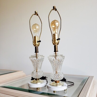 Set of Two (2) Vintage Wescal Diamond Pattern Crystal Lamps w/ Italian Marble Bases | Hollywood Regency | Grandmillennial