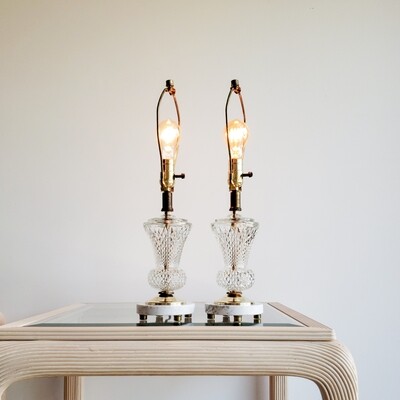 Set of Two (2) Vintage Wescal Diamond Pattern Crystal Lamps w/ Italian Marble Bases | Hollywood Regency | Grandmillennial