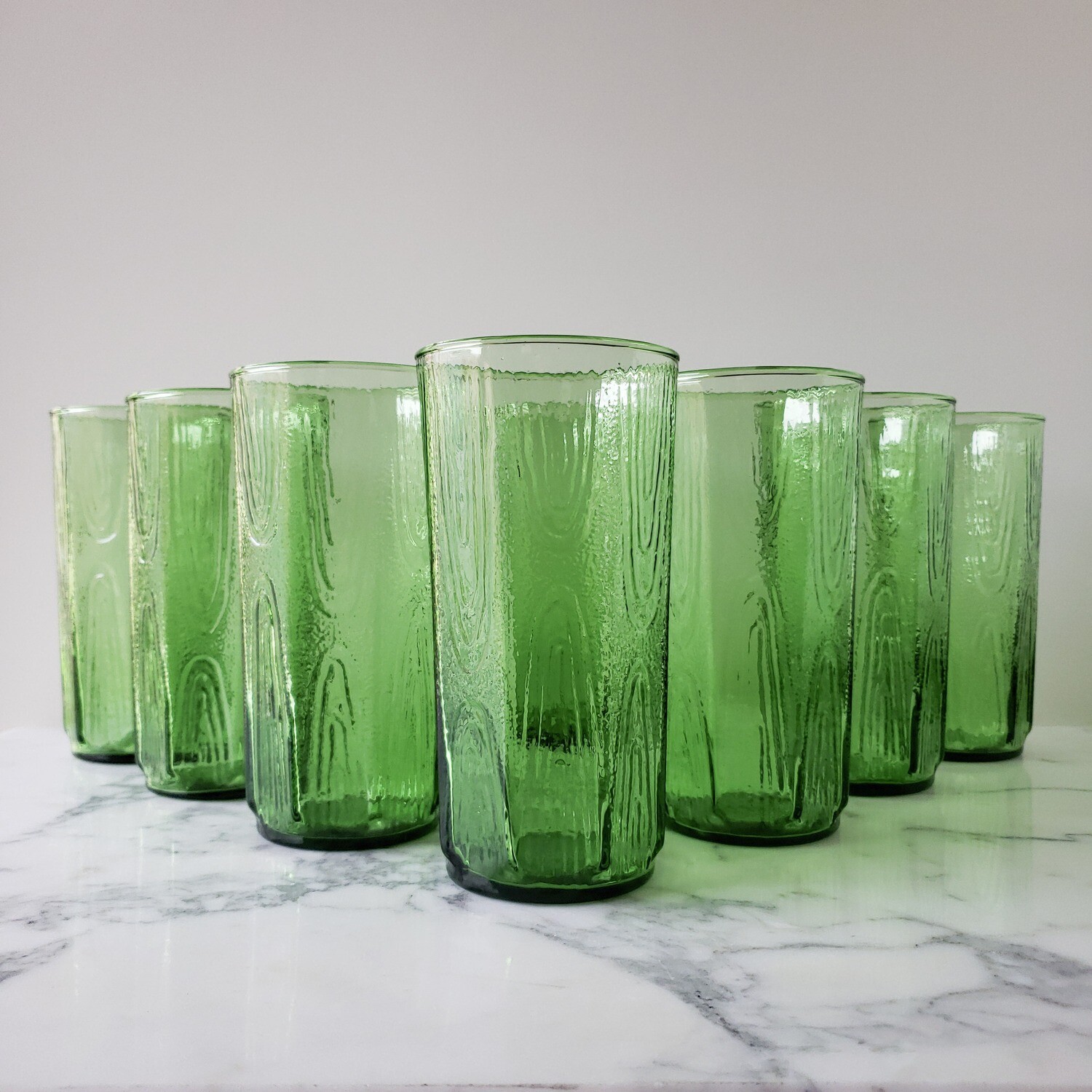 Set of Eight (8) Vintage Anchor Hocking Green Tree Bark Textured Large Octagonal Tumblers