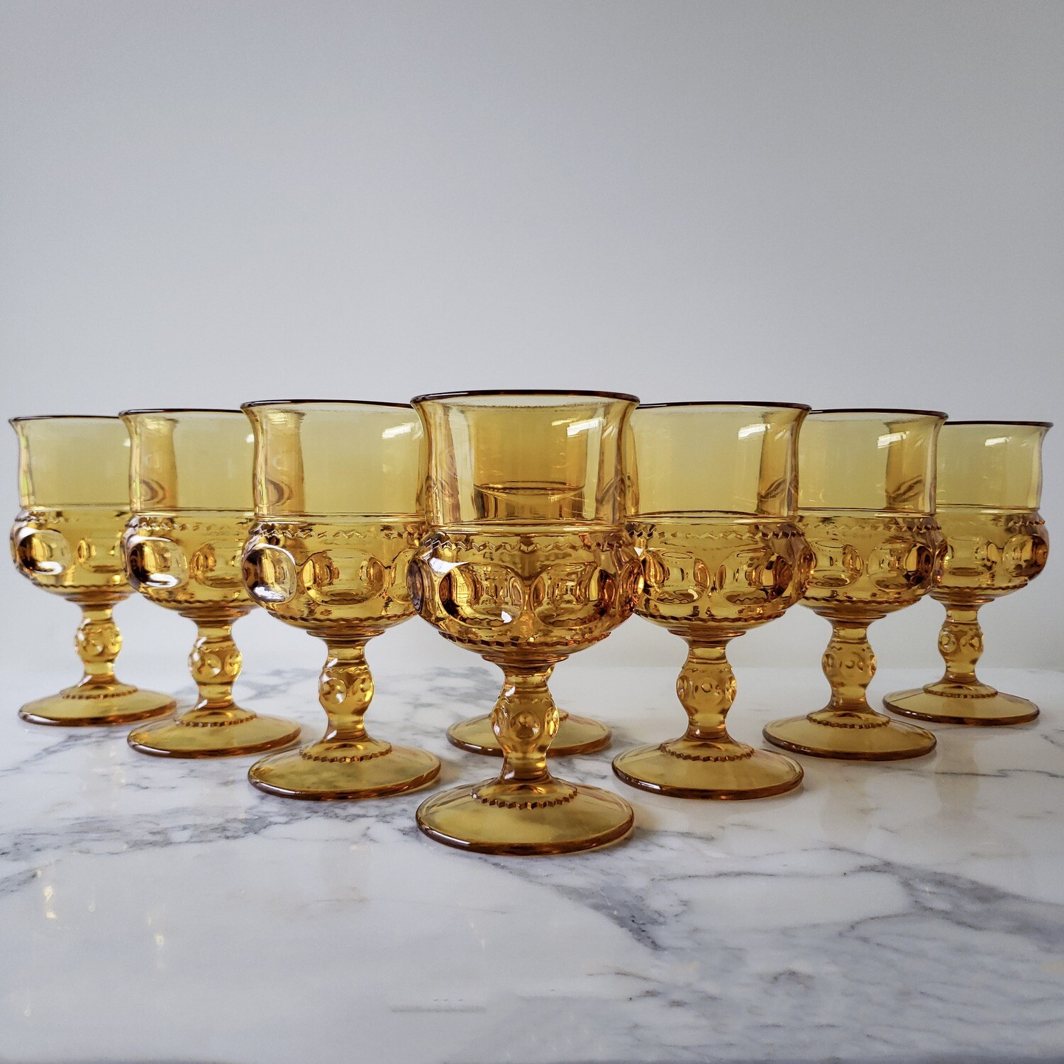 Set of Eight (8) Vintage Anchor Hocking Kings Crown Amber Goblets