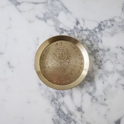 Vintage Round Floral Etched Brass Trinket Dish | Small Tray | Jewelry Holder