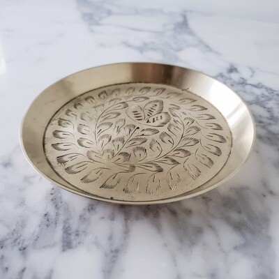 Vintage Round Floral Etched Brass Trinket Dish | Small Tray | Jewelry Holder