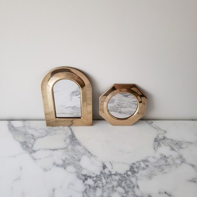 Vintage Set of Two (2) Mini Arched &amp; Octagonal Brass Framed Wall Hanging Mirrors