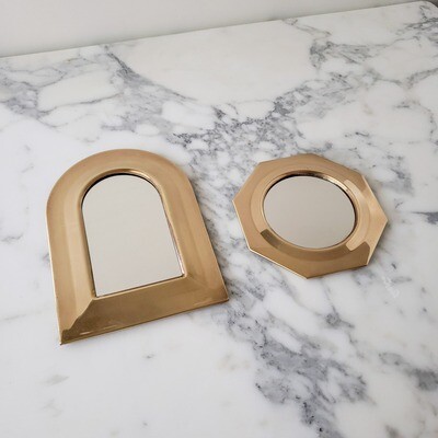 Vintage Set of Two (2) Mini Arched &amp; Octagonal Brass Framed Wall Hanging Mirrors