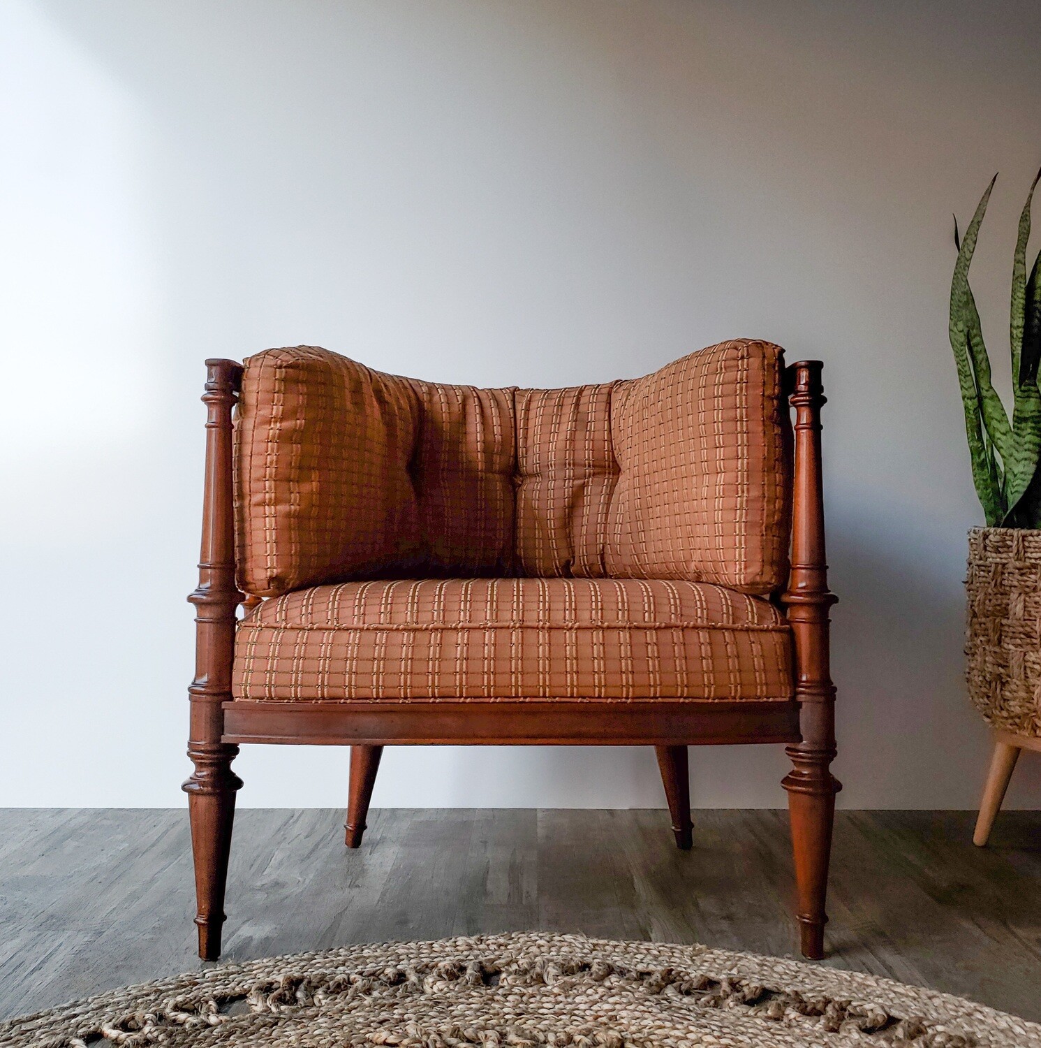 Vintage Mid-Century Solid Wood Spindle Back Upholstered Barrel Chair