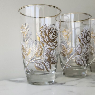 Vintage Set of (4) Libbey Rose Bouquet Flat Tumblers | White Rose &amp; Gold Tone Decal