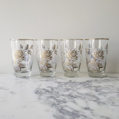 Vintage Set of (4) Libbey Rose Bouquet Flat Tumblers | White Rose &amp; Gold Tone Decal