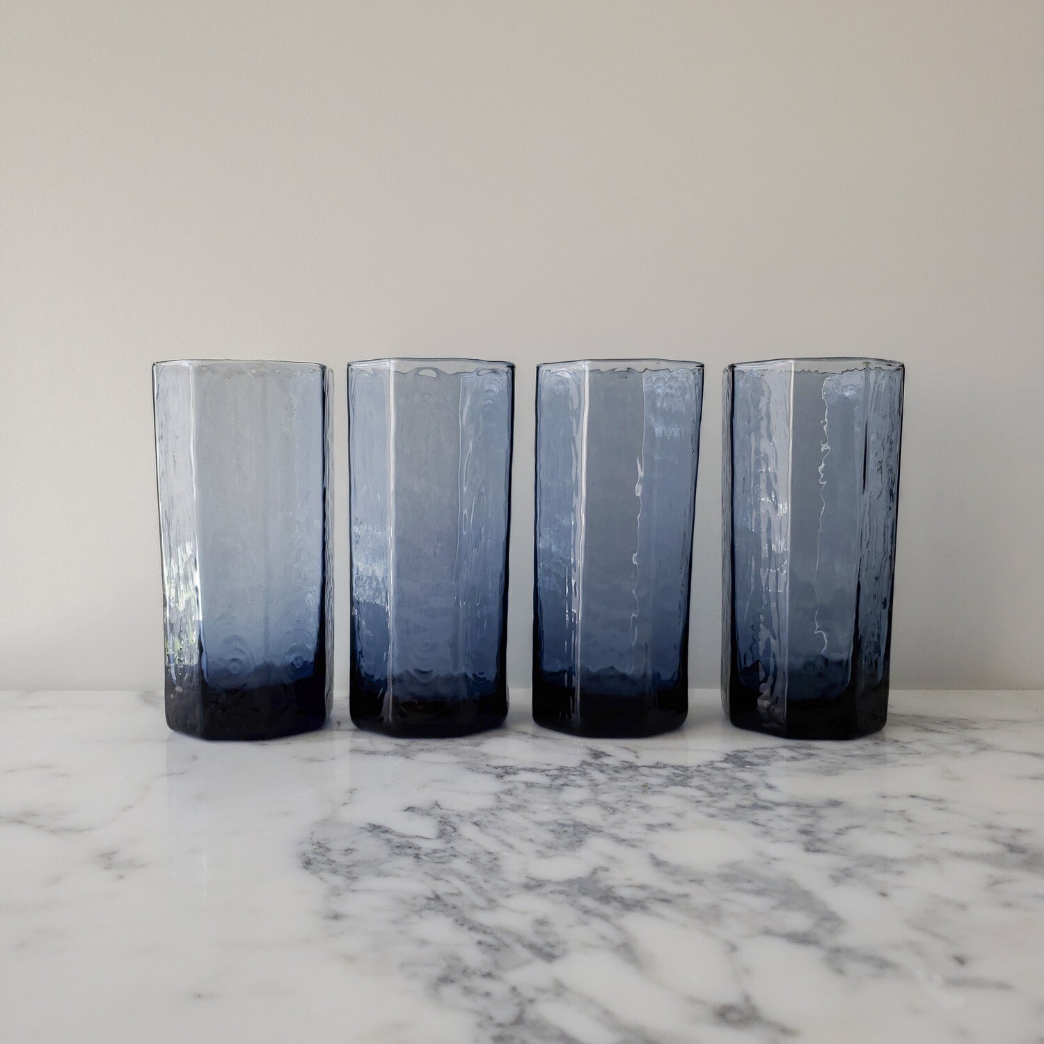 Vintage Set of (4) Blue Libbey Facets Octagonal Tumblers