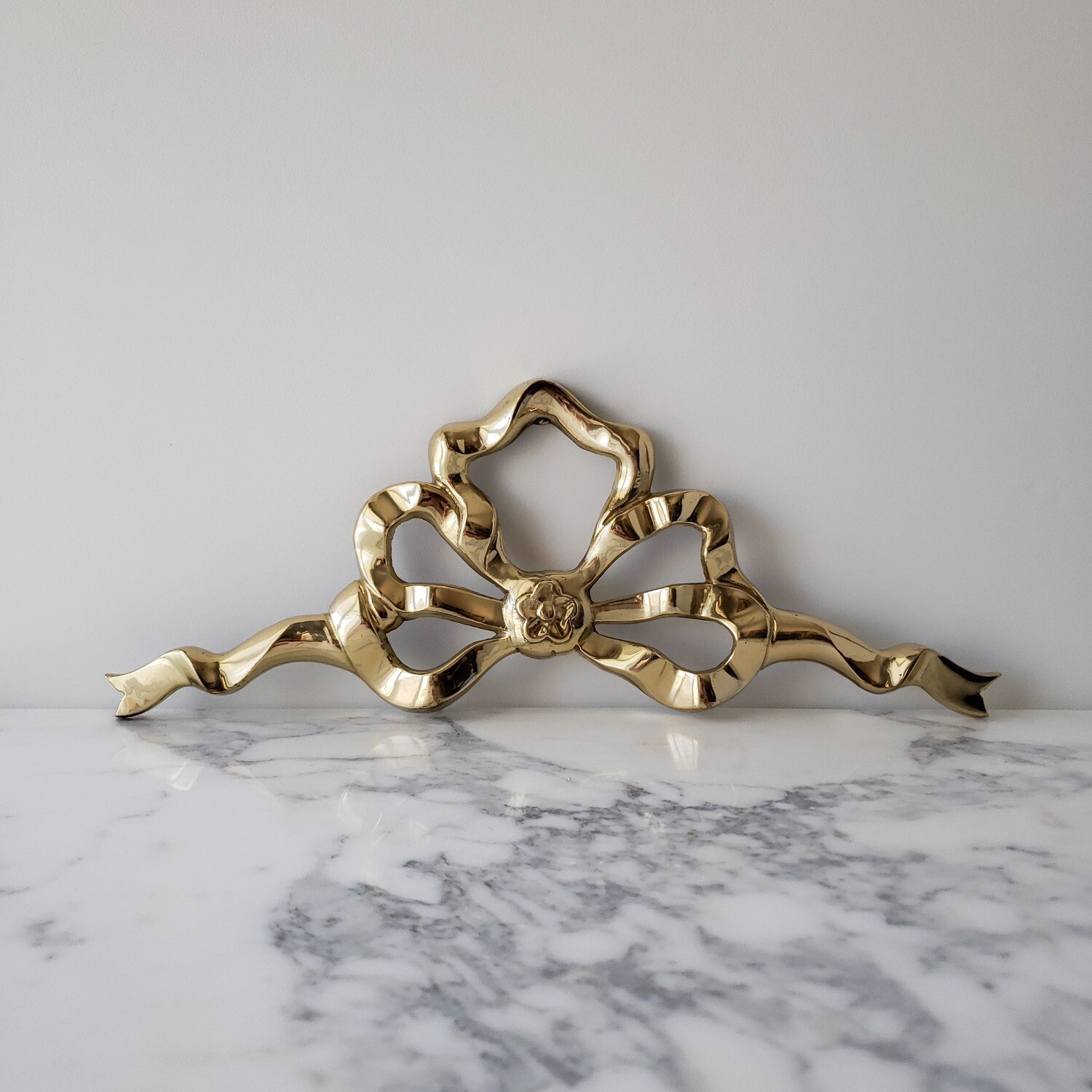 Vintage Solid Brass Ornate Wall-Mounted Bow w/ Ribbon | Wall Art