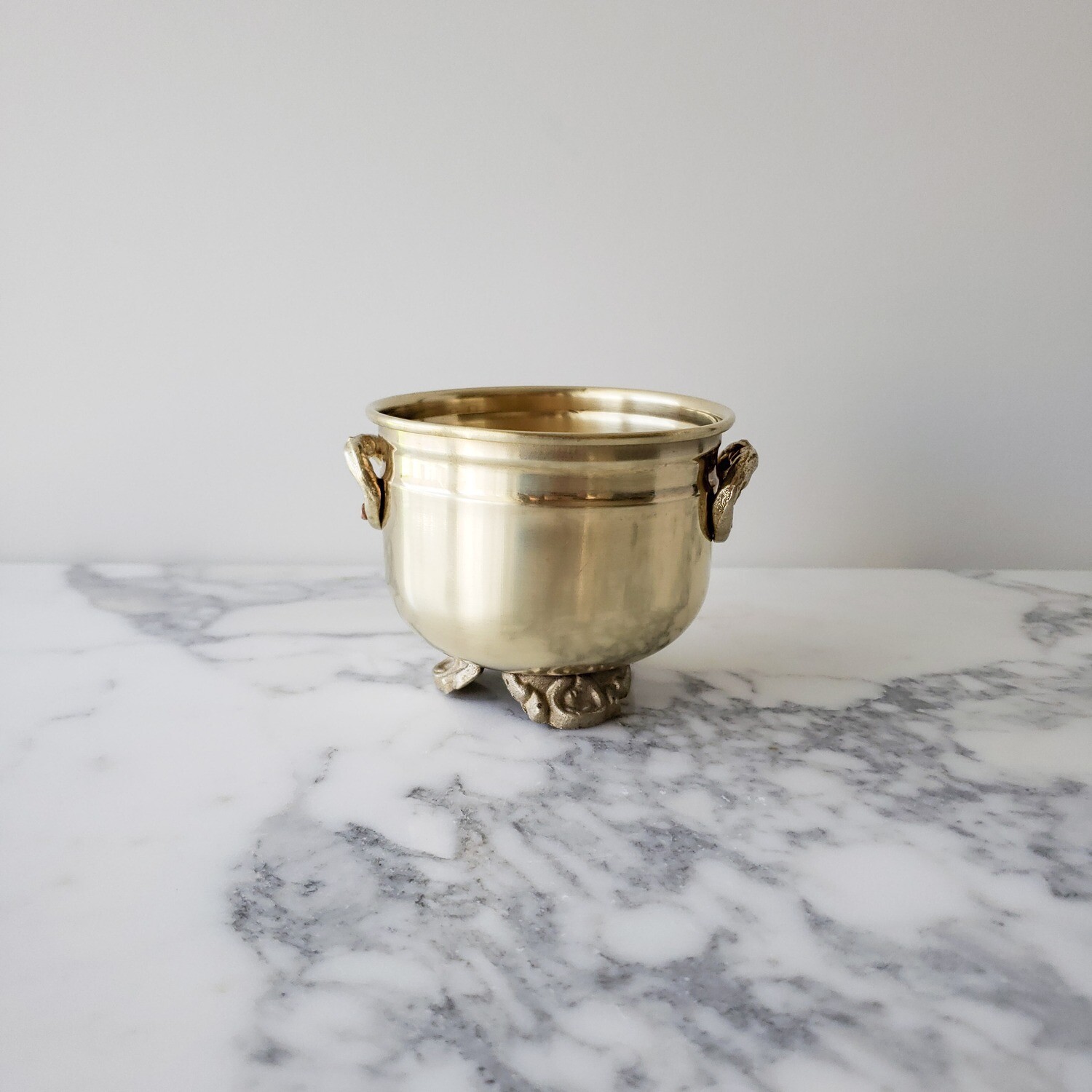 Small Round Solid Brass Cachepot w/ Ornate Handles and Feet | 3"