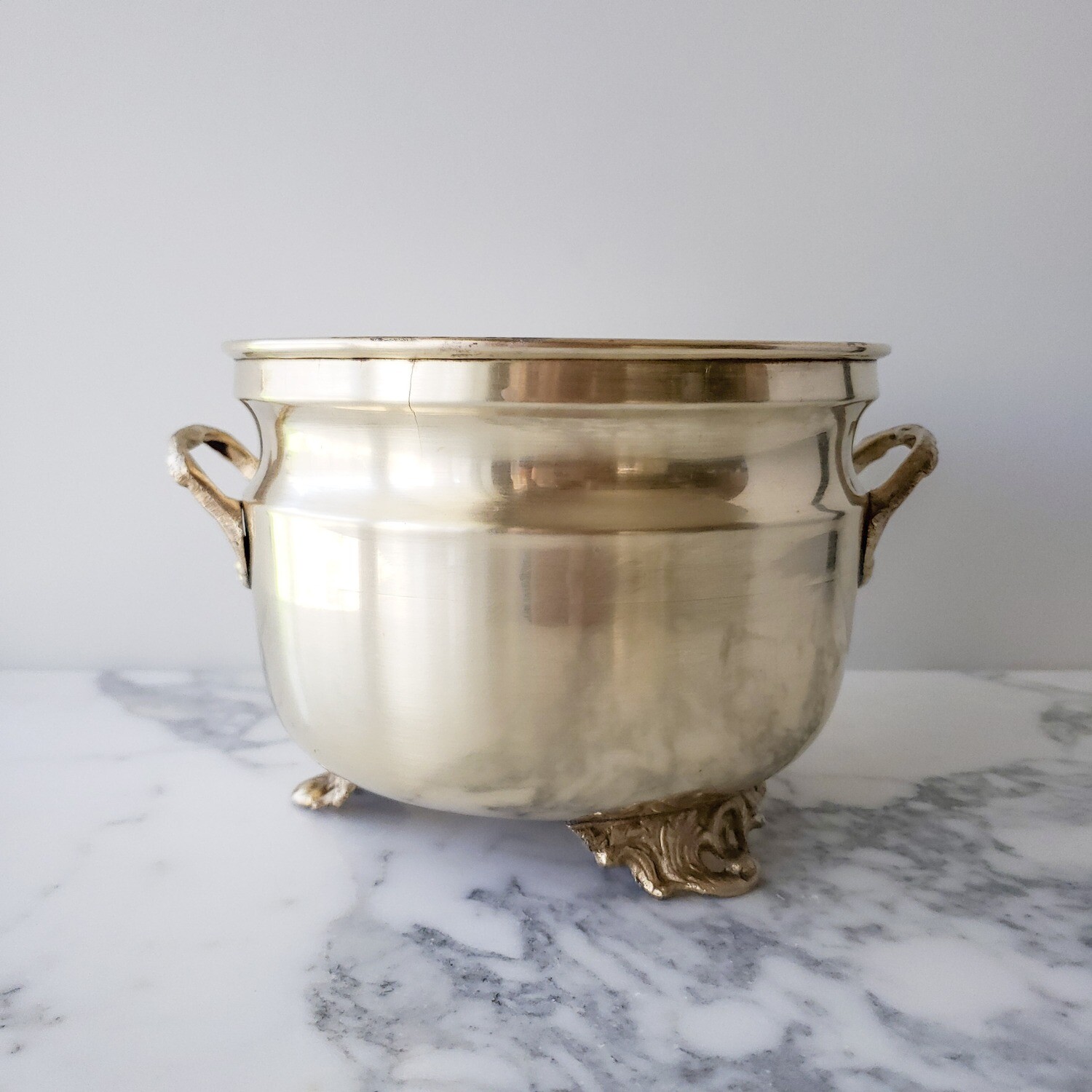 Medium Round Solid Brass Cachepot w/ Ornate Handles and Feet | 4 3/4"