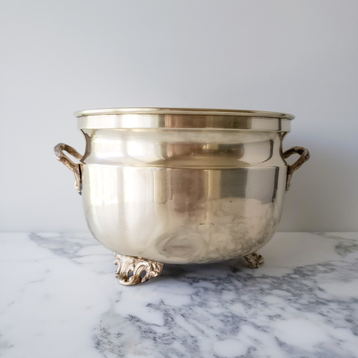 Large Round Solid Brass Cachepot w/ Ornate Handles and Feet | 4 3/4"