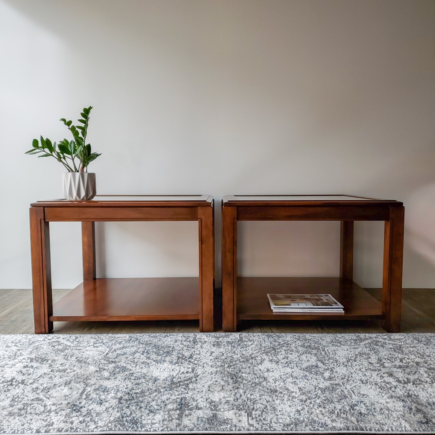 Set of (2) MCM Oversized Solid Wood Two-Tier End Tables w/ Faux Cane &amp; Gold Tone Framed Glass Tops