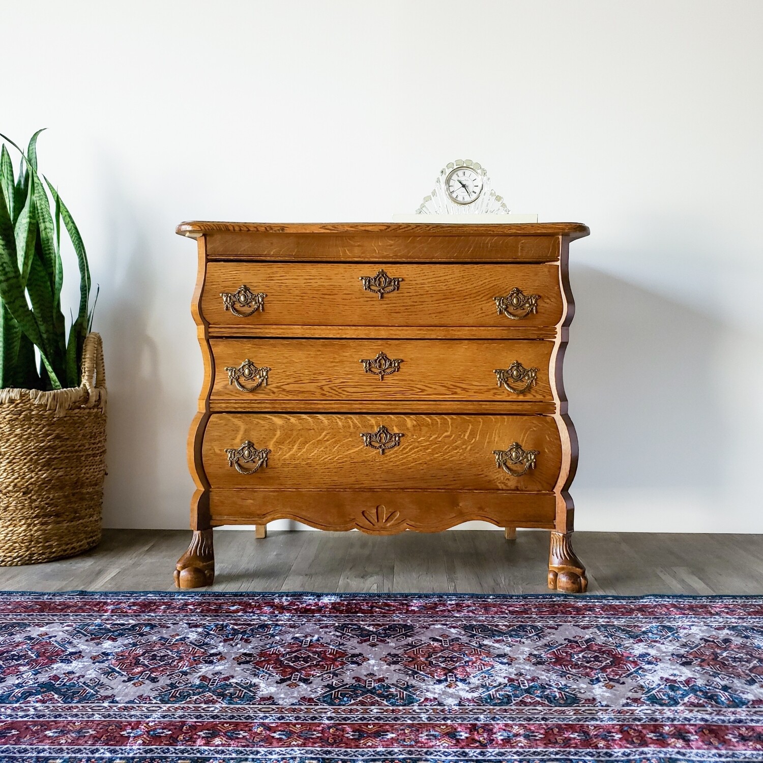 Vintage Oak Bombe Style 3-Drawer Chest | Oversized Nightstand | Antique Reproduction