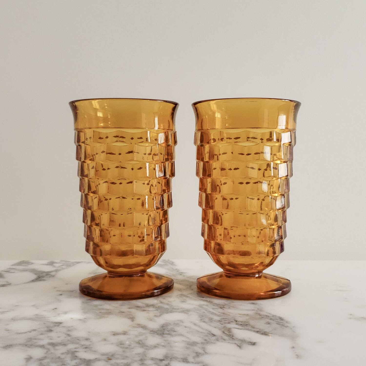 Vintage Set of (2) Colony Whitehall Amber Iced Tea Footed Glasses | Flare Rim