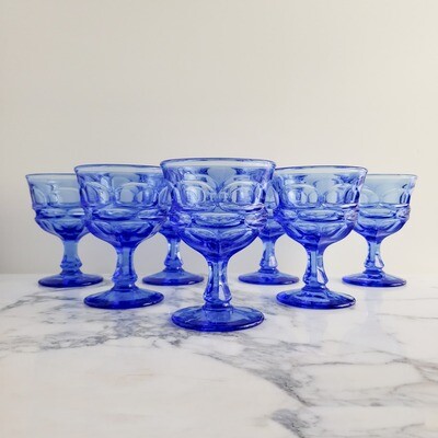 Vintage Set of (7) HFM Fostoria Cobalt Blue Argus Sherbet Glasses | Water Goblets