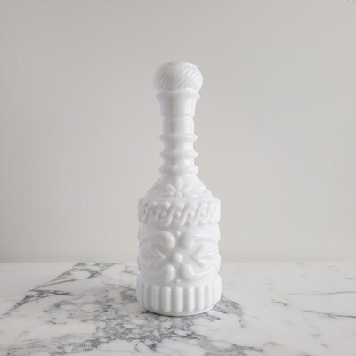 Vintage Ornate Milk Glass Decanter | Decorative Bottle | 11"
