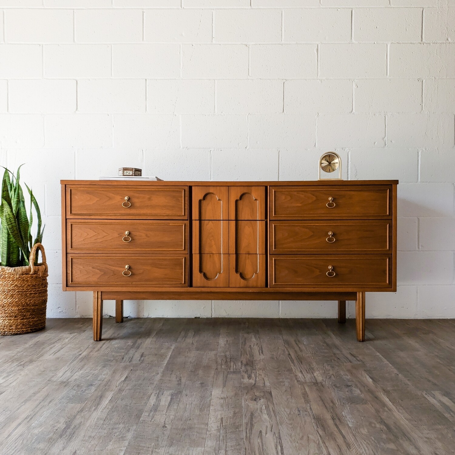Vintage Mid-Century Modern Dixie 9-Drawer Dresser | Walnut | Gold Tone Drop Pulls