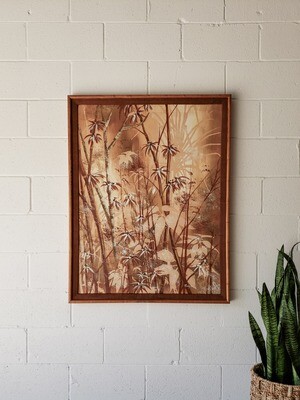 Large Vintage Solid Wood Framed Bamboo Painting on Canvas Signed Thomas Pell | Earthy Neutral Tones