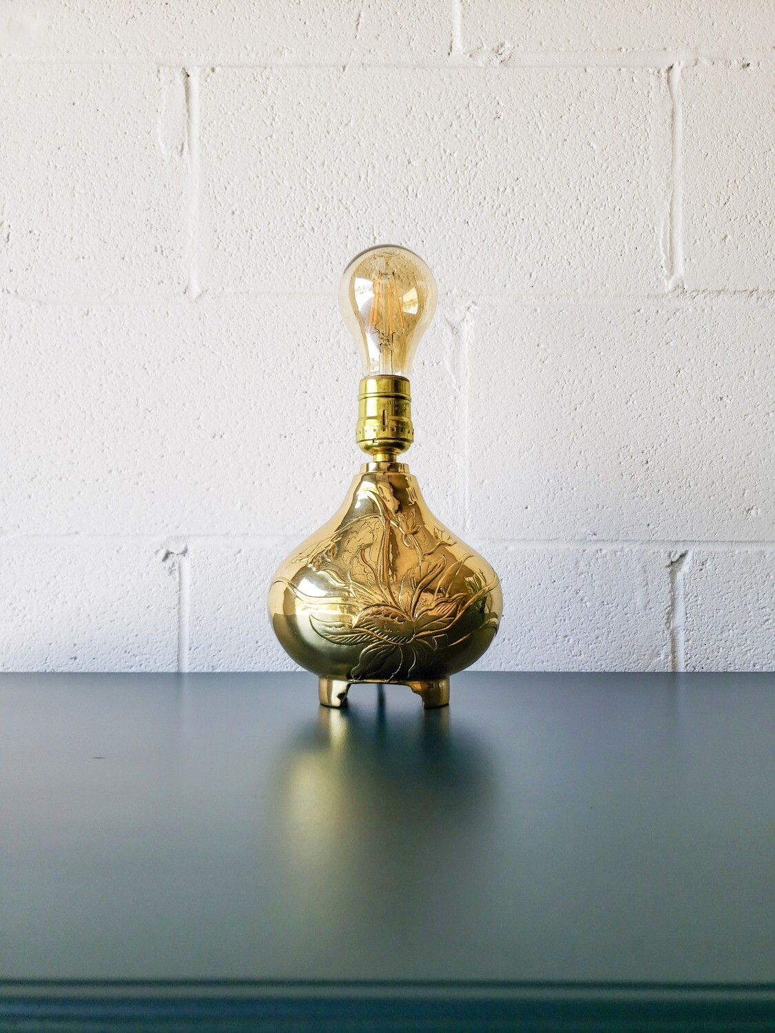 Small Vintage Floral Relief Lacquered Brass Lamp