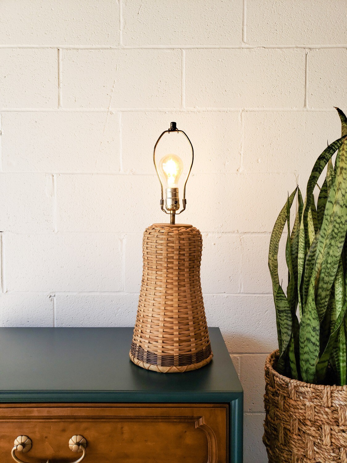 Vintage Wicker &amp; Oak Table Lamp w/ Harp