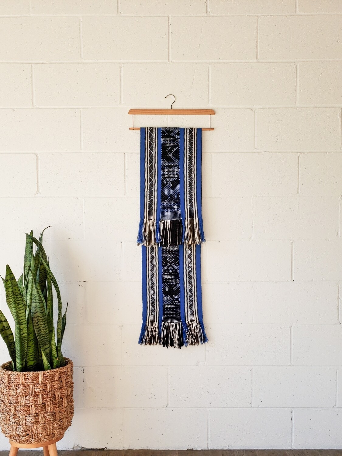 Vintage Hand-Woven Blue &amp; White Latin American Ethnic Pattern Table Runner | 60"