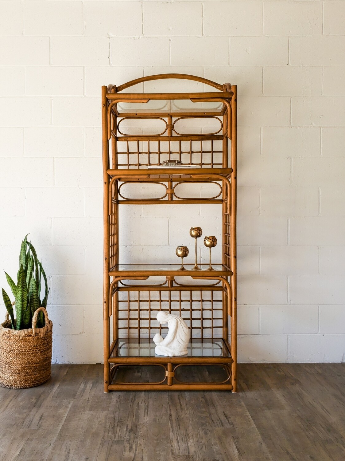 Vintage Rattan Étagère w/ (4) Glass Shelves | Shelving Unit | Display