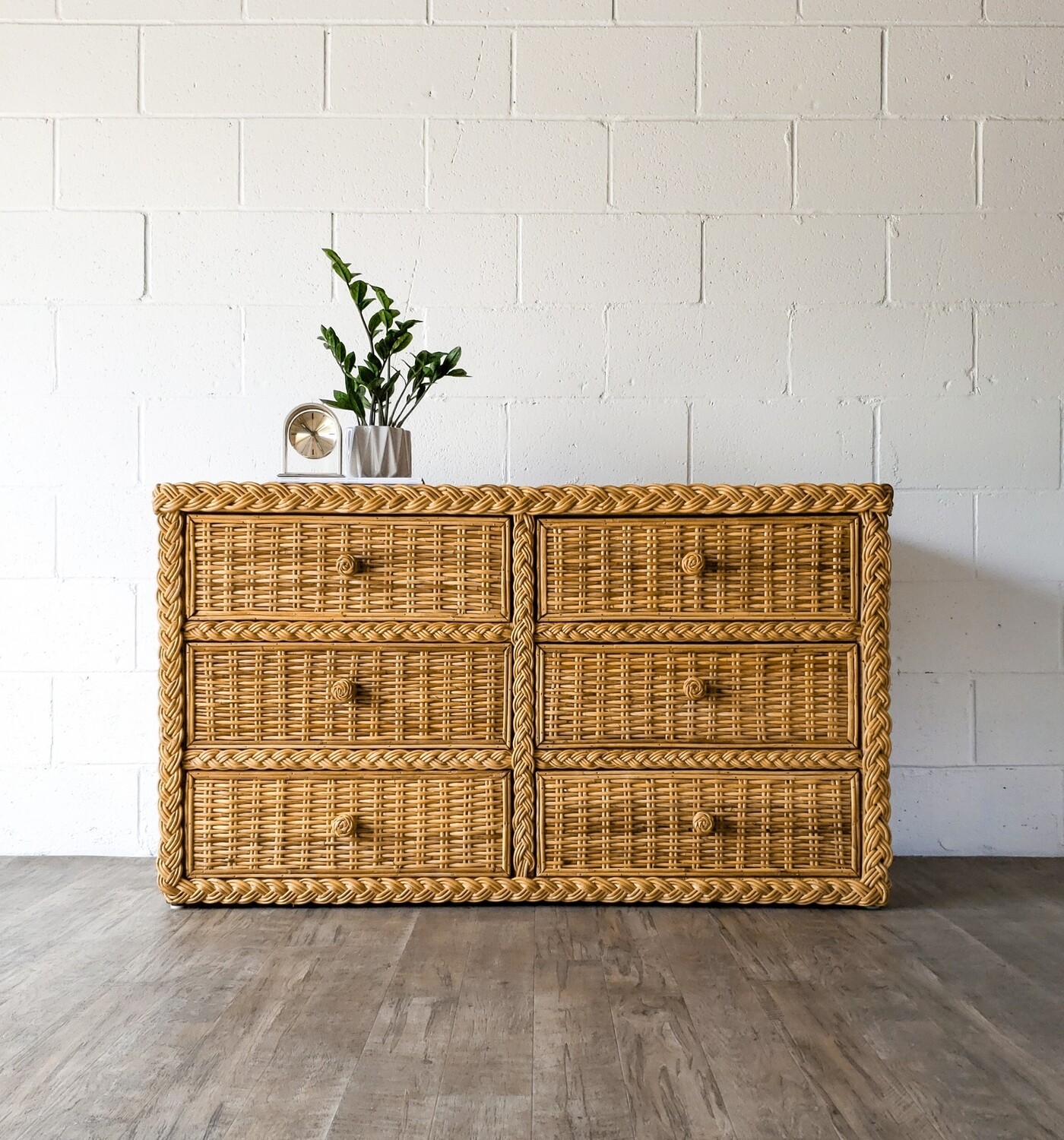 Vintage Coastal Braided &amp; Woven Rattan 6-Drawer Dresser