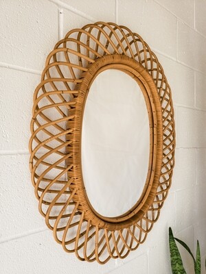 Large Mid-Century Oval Rattan &amp; Bamboo Sunburst Wall Mirror in the Style of Franco Albini | Circa 1950