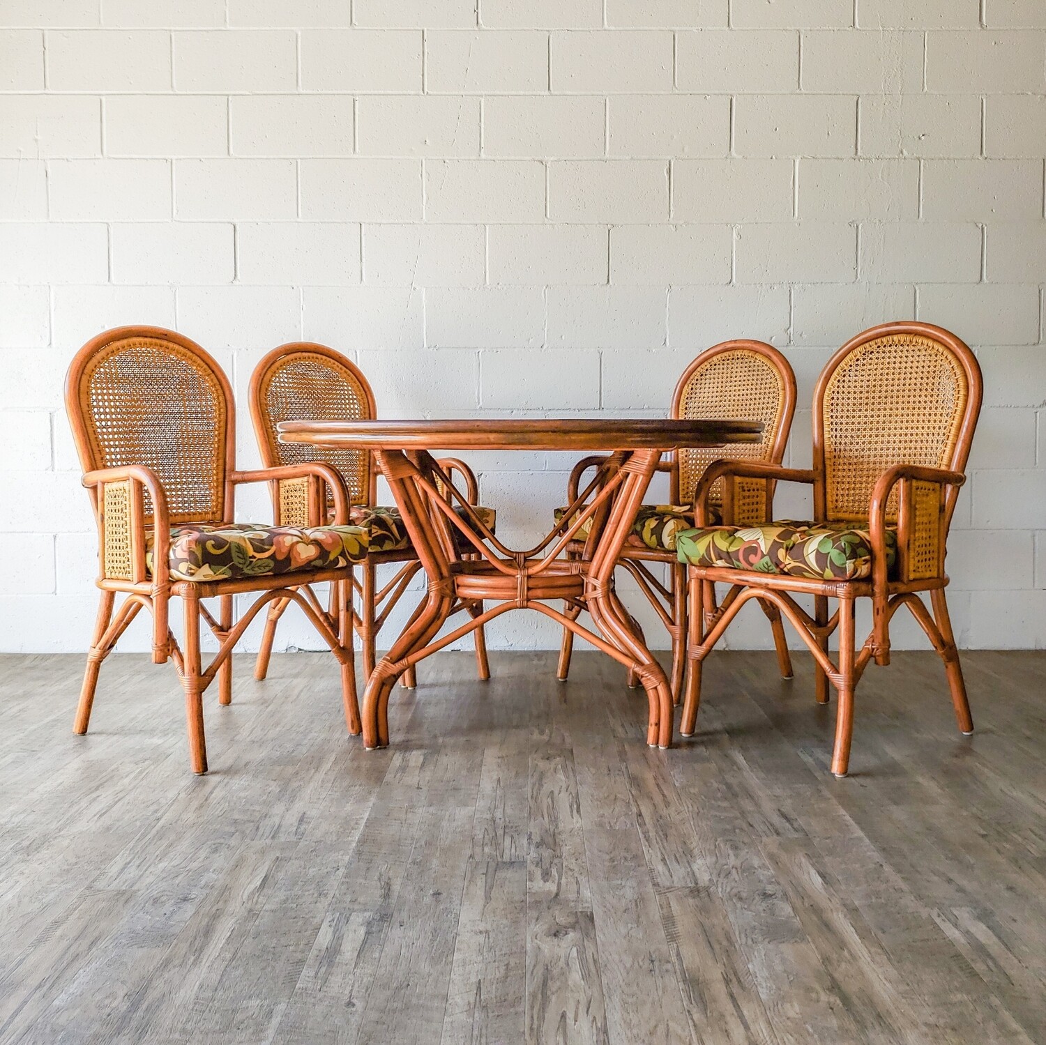 Vintage Rattan &amp; Cane Dining Table and Four (4) Chairs | Dining Set