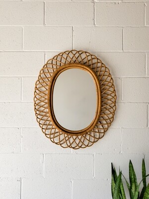 Large Mid-Century Oval Rattan &amp; Bamboo Sunburst Wall Mirror in the Style of Franco Albini | Circa 1950