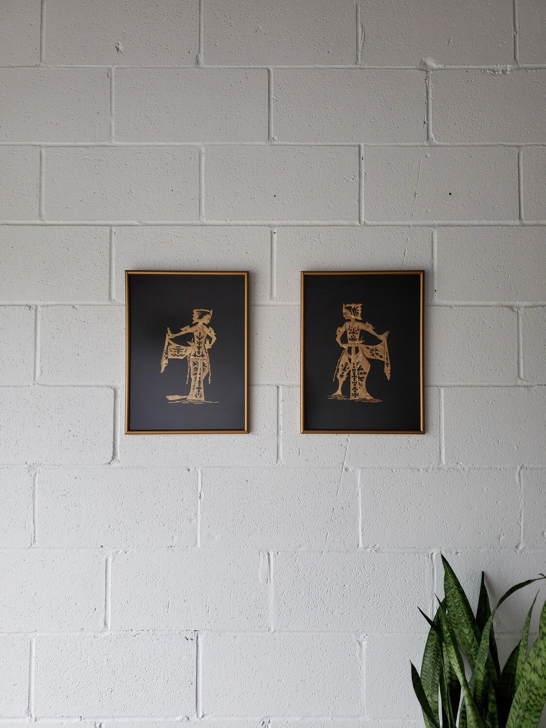 Set of (2) Vintage Gold Tone Framed Asian Straw Art