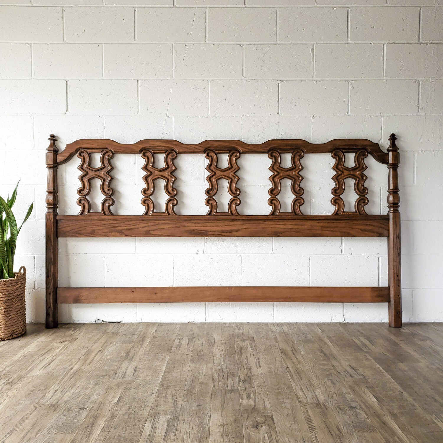 Vintage Thomasville Ornate Solid Oak King Headboard