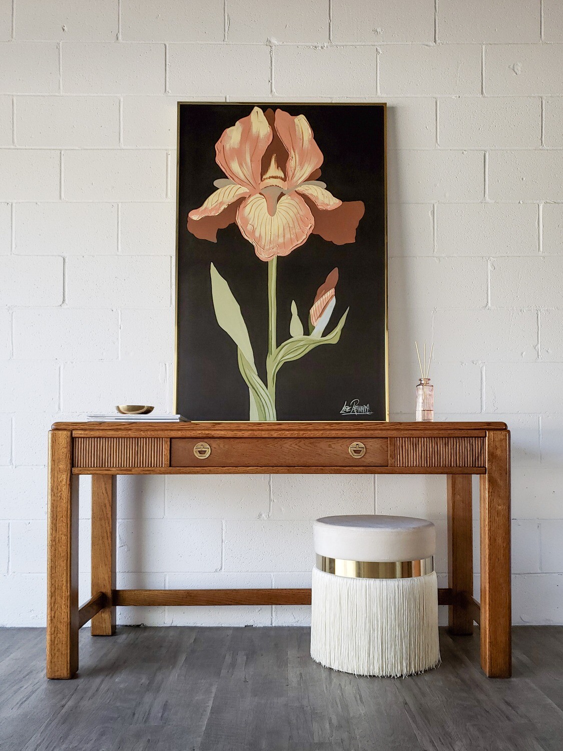 Vintage Solid Oak Fluted Console Table w/ Campaign Style Pulls and Brass Inlay Accents