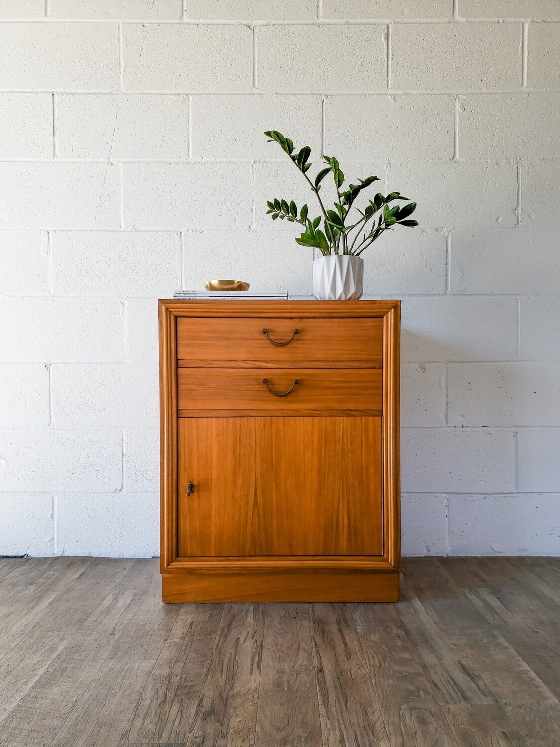 Vintage Mid-Century Modern Teak 2-Drawer Nightstand w/ Locking Door &amp; Key | Dated 1966
