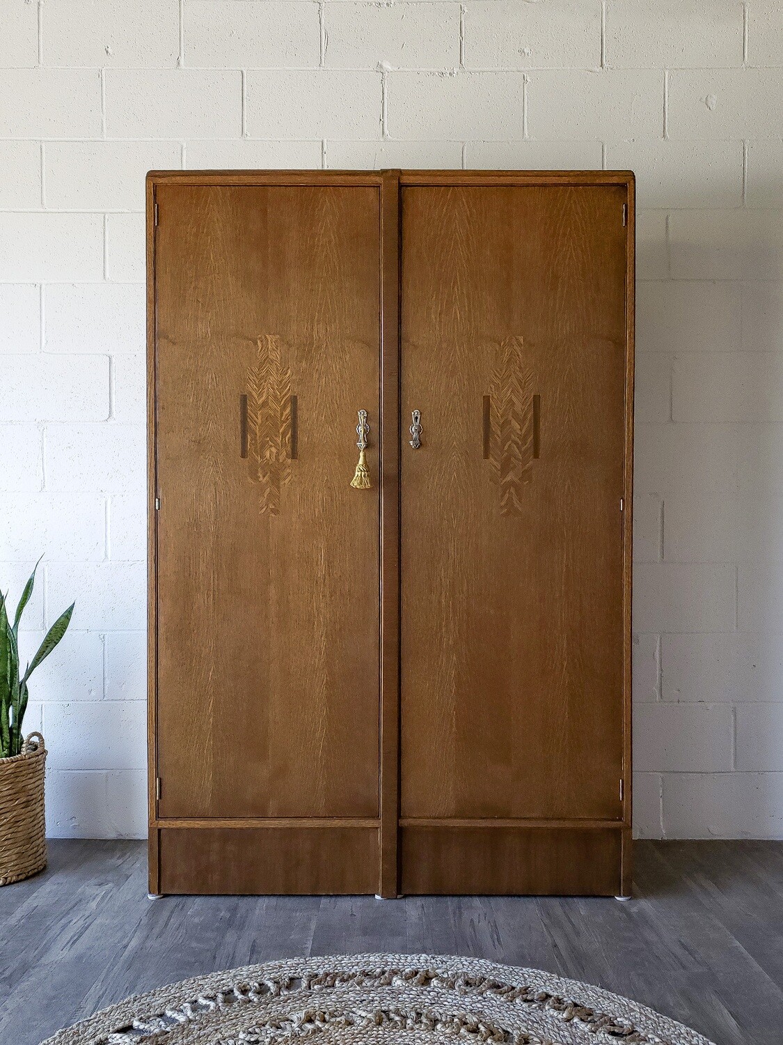 Vintage English Art Deco Style Oak Chifforobe w/ Geometric Tiger Oak &amp; Walnut Inlay | Key Included | Wardrobe, Armoire