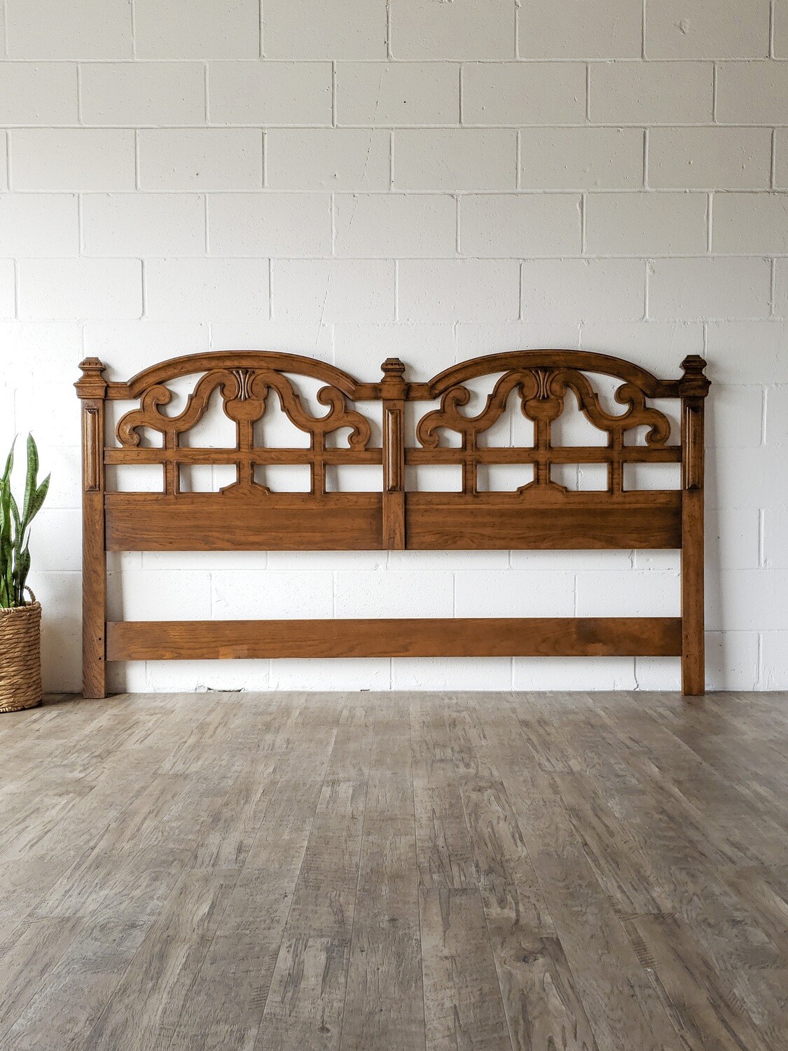 Vintage Drexel Heritage Solid Oak Ornate King Headboard