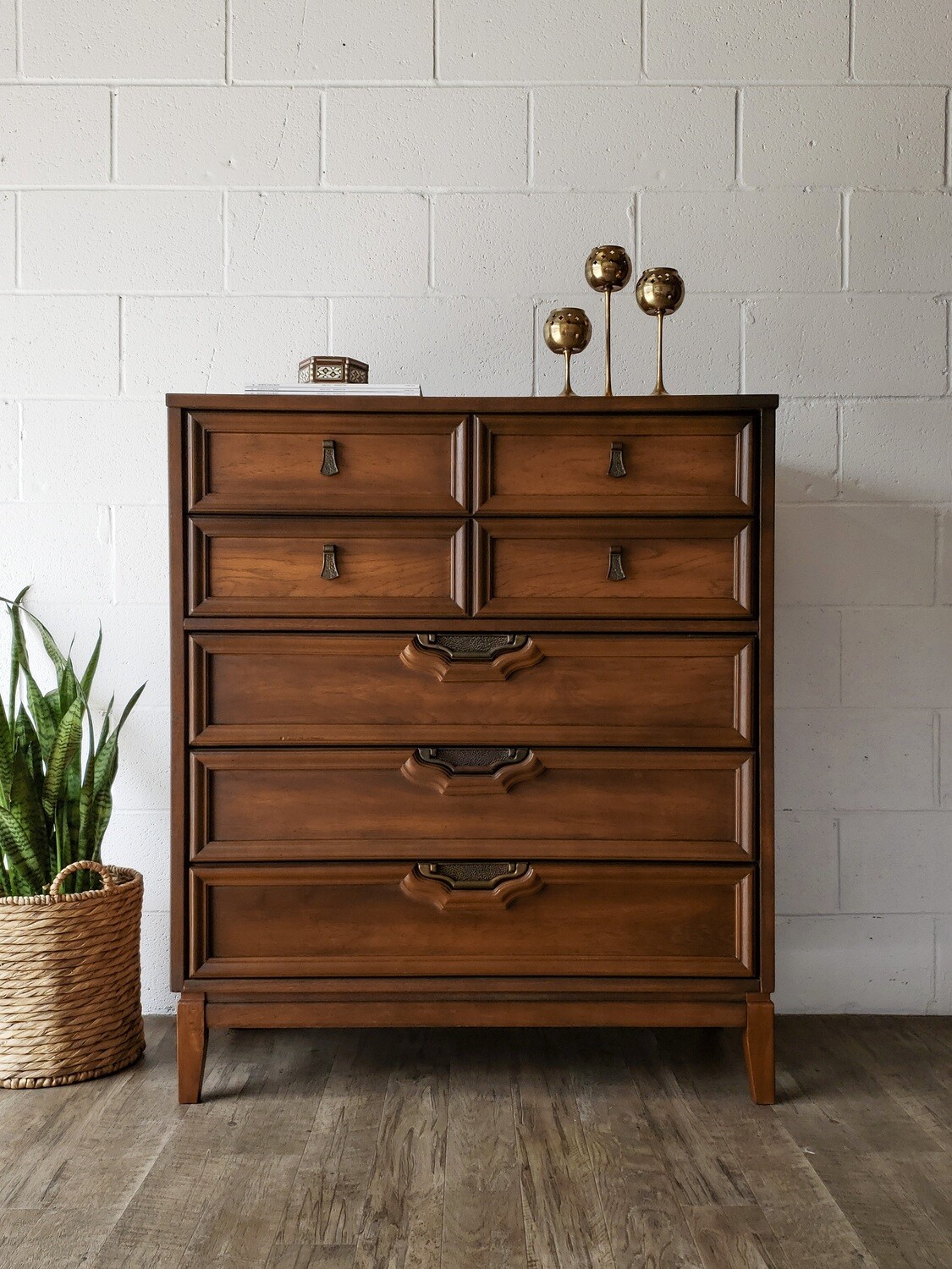 Vintage Mid-Century Modern Walnut 5-Drawer Chest w/ Brutalist Style Pulls | Tallboy