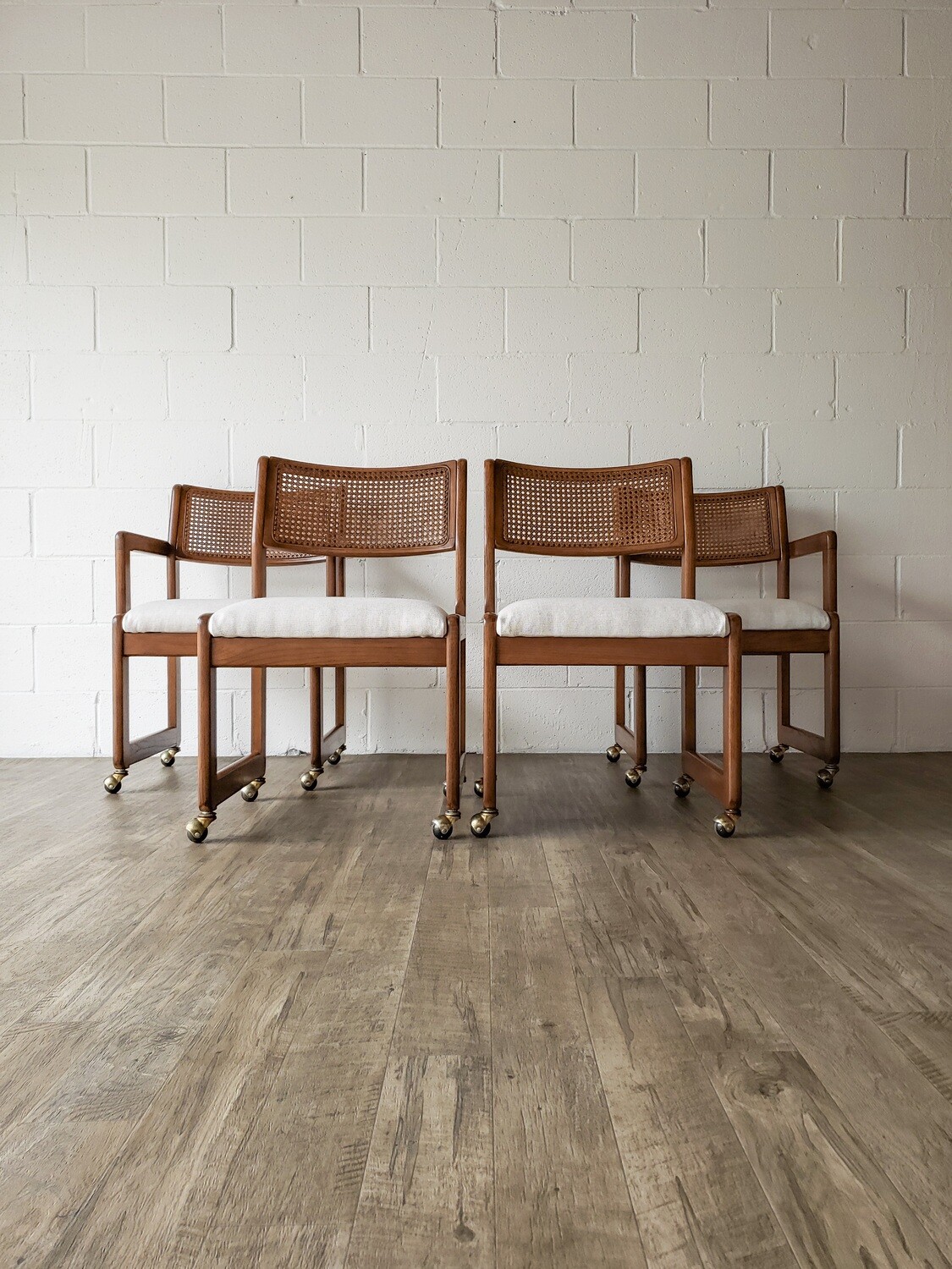 Vintage Whitaker Set of (4) Solid Oak Cane Back Dining Chairs on Casters | 1987